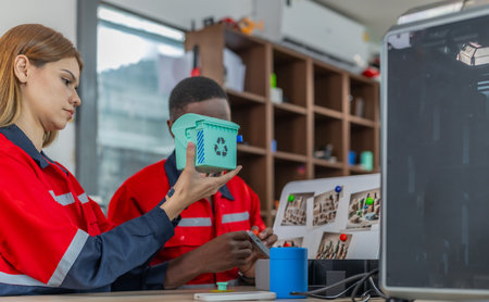 Engineers discuss prototype of recycled 3D printed product, showcasing small green bin with recycle...