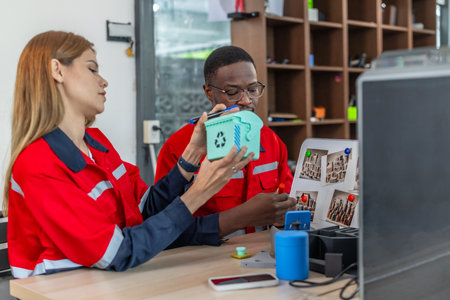 Engineers discuss prototype of recycled 3D printed product, showcasing small green bin with recycle symbol.Emphasizing eco-friendly innovation, collaboration, and sustainable product developmentの写真素材