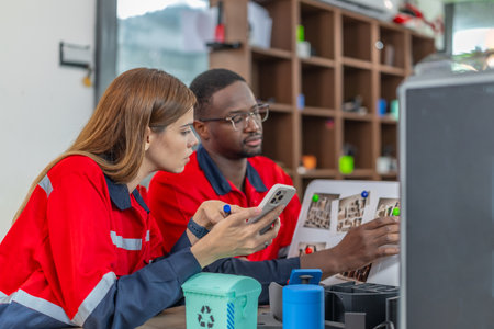 Engineers discuss prototype of recycled 3D printed product, showcasing small green bin with recycle...