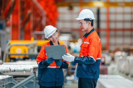 Two metal sheet factory workers in safety gear engage in a strategic discussion with a laptop,...