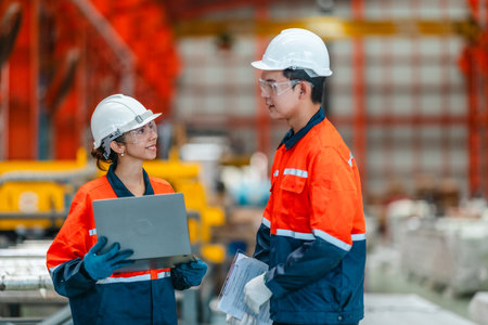 Two metal sheet factory workers in safety gear engage in a strategic discussion with a laptop,...