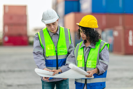 Industrial container workers discuss sustainable logistics operations. Analyzing blueprint, including zero emissions, reducing fuel consumption and carbon footprint in supply chain managementの写真素材