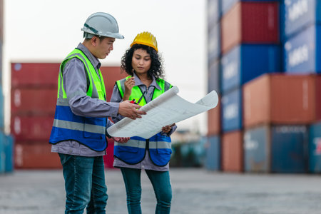 Industrial container workers discuss sustainable logistics operations. Analyzing blueprint,...