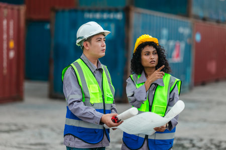 Industrial container workers discuss sustainable logistics operations. Analyzing blueprint, including zero emissions, reducing fuel consumption and carbon footprint in supply chain managementの写真素材