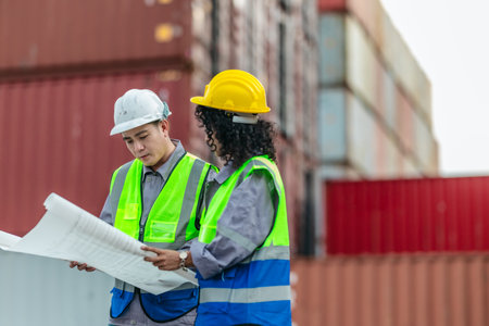 Industrial container workers discuss sustainable logistics operations. Analyzing blueprint,...