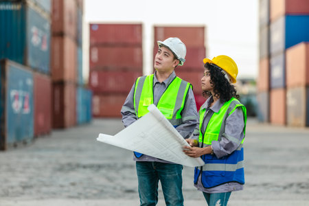 Industrial container workers discuss sustainable logistics operations. Analyzing blueprint, including zero emissions, reducing fuel consumption and carbon footprint in supply chain managementの写真素材