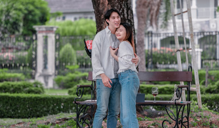 Asian couple enjoys heartfelt moment on park bench as man presents bouquet of red flowers and gift...