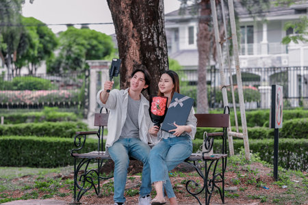 Asian couple enjoys heartfelt moment on park bench as man presents bouquet of red flowers and gift...