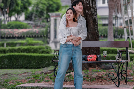 Asian couple enjoys heartfelt moment on park bench as man presents bouquet of red flowers and gift box to his partner. The warm, outdoor setting reflects love, appreciation, and romantic celebrationの写真素材