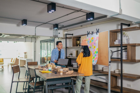 Startup team collaborates using Agile-style task board  to organize, plan, track the development of...