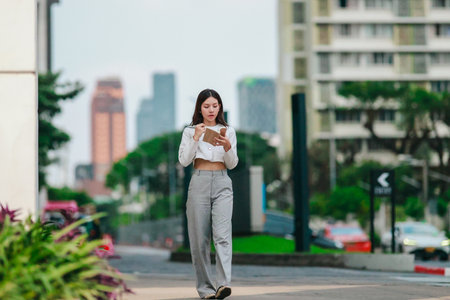 Asian woman dressed in modern business casual attire is seen writing in notebook while standing outdoors in urban setting. Conveying sense of focus, productivity, and creativity in city environmentの写真素材