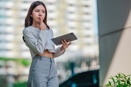 Asian woman in professional attire is standing outdoors, focused on using digital tablet with stylus. Capturing a modern business environment, highlighting technology and productivity in urban settingの写真素材