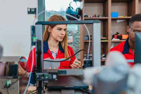 Product design engineer collaborates with industrial designer on 3D printing project in engineering...