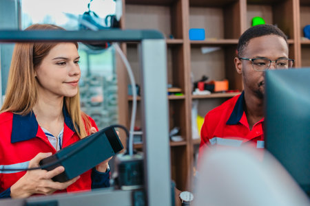 Product design engineer collaborates with industrial designer on 3D printing project in engineering workspace. Interdisciplinary teamwork, innovation, design and engineering in product developmentの写真素材