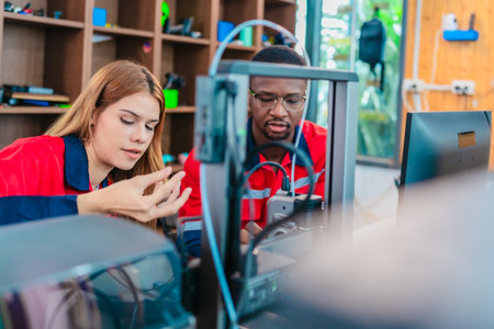 Product design engineer collaborates with industrial designer on 3D printing project in engineering...