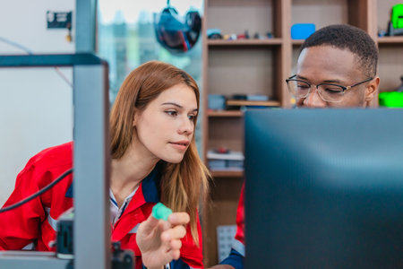 Product design engineer collaborates with industrial designer on 3D printing project in engineering...