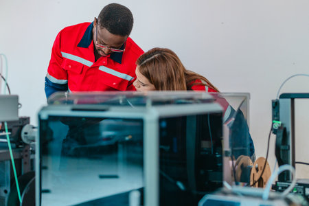 Product design engineer collaborates with industrial designer on 3D printing project in engineering...