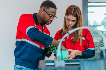 Product design engineer collaborates with industrial designer on 3D printing project in engineering...