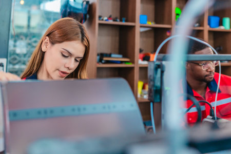 Product design engineer collaborates with industrial designer on 3D printing project in engineering...