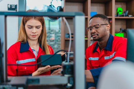 Product design engineer collaborates with industrial designer on 3D printing project in engineering...