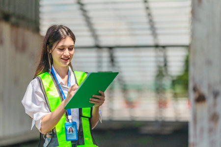 Mixed-race female technician performs field inspection of site office containers. Representing the leadership of women in technical and industrial careers, diversity, precision in modern workforce.の写真素材