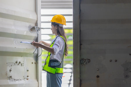 Mixed-race female technician performs field inspection of site office containers. Representing the leadership of women in technical and industrial careers, diversity, precision in modern workforce.の写真素材