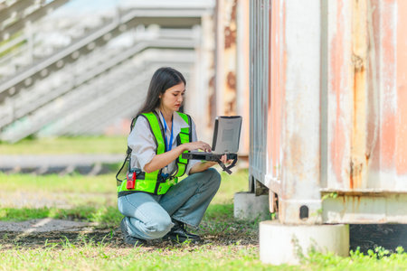 Mixed-race female technician performs field inspection of site office containers. Representing the leadership of women in technical and industrial careers, diversity, precision in modern workforce.の写真素材