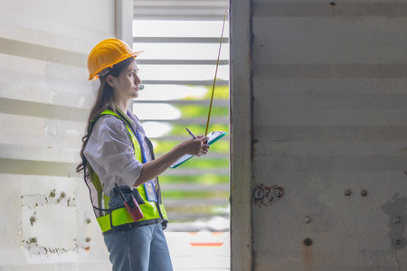 Mixed-race female technician performs field inspection of site office containers. Representing the leadership of women in technical and industrial careers, diversity, precision in modern workforce.の写真素材