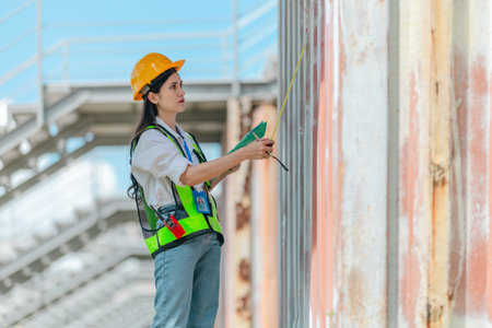 Female technician performs field inspection of site office containers. Representing the leadership of women in technical and industrial careers, diversity, precision in modern workforce.の写真素材