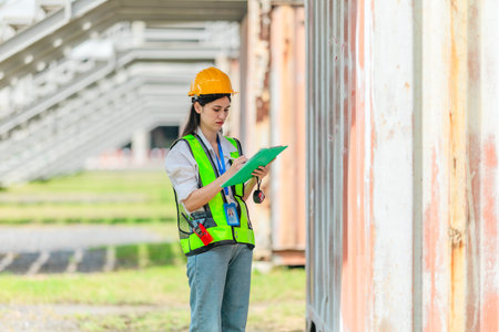Mixed-race female technician performs field inspection of site office containers. Representing the...