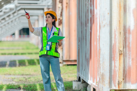 Mixed-race female technician performs field inspection of site office containers. Representing the leadership of women in technical and industrial careers, diversity, precision in modern workforce.の写真素材
