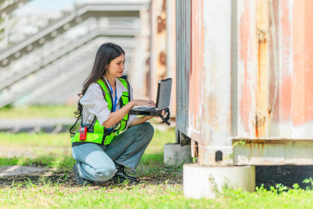 Mixed-race female technician performs field inspection of site office containers. Representing the...