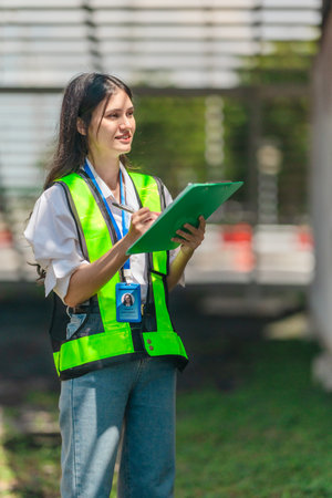 Mixed-race female technician performs field inspection of site office containers. Representing the leadership of women in technical and industrial careers, diversity, precision in modern workforce.の写真素材