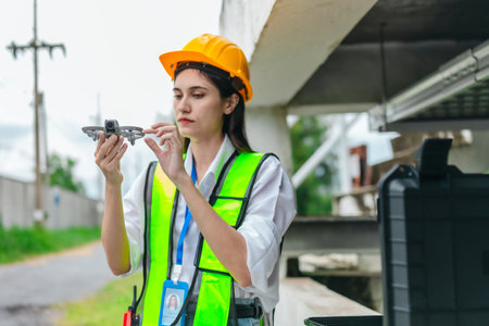 Female engineer conducts a drone based survey of a pumping system and surrounding infrastructure. The use of modern technology in engineering inspection, maintenance, smart infrastructure developmentの写真素材
