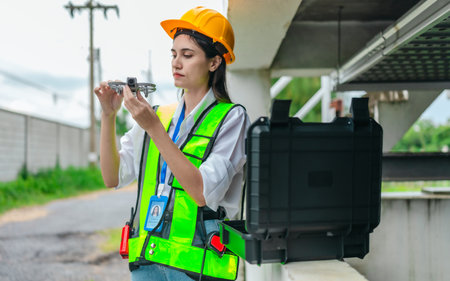 Female engineer conducts a drone based survey of a pumping system and surrounding infrastructure. The use of modern technology in engineering inspection, maintenance, smart infrastructure developmentの写真素材
