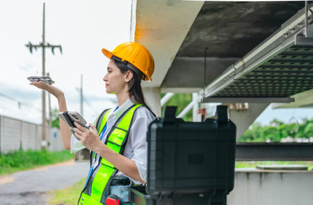 Female engineer conducts a drone based survey of a pumping system and surrounding infrastructure....