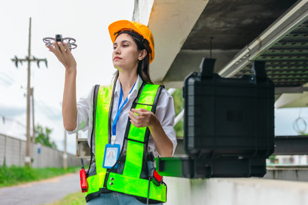 Female engineer conducts a drone based survey of a pumping system and surrounding infrastructure....