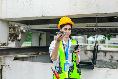 Female engineer conducts a drone based survey of a pumping system and surrounding infrastructure. The use of modern technology in engineering inspection, maintenance, smart infrastructure developmentの写真素材