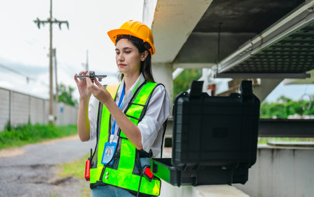 Female engineer conducts a drone based survey of a pumping system and surrounding infrastructure. The use of modern technology in engineering inspection, maintenance, smart infrastructure developmentの写真素材