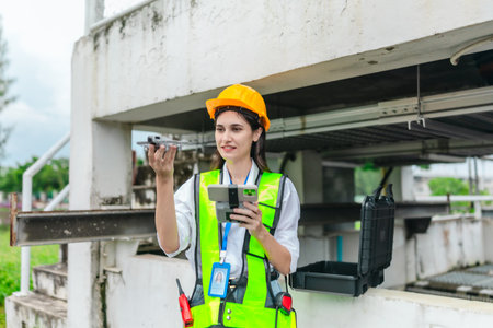 Female engineer conducts a drone based survey of a pumping system and surrounding infrastructure. The use of modern technology in engineering inspection, maintenance, smart infrastructure developmentの写真素材