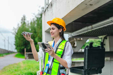 Female engineer conducts a drone based survey of a pumping system and surrounding infrastructure....