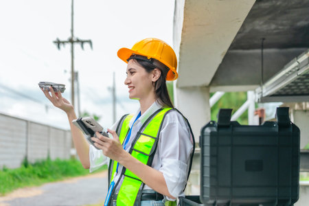 Female engineer conducts a drone based survey of a pumping system and surrounding infrastructure....