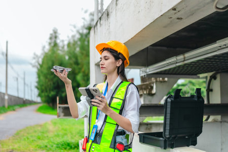 Female engineer conducts a drone based survey of a pumping system and surrounding infrastructure....