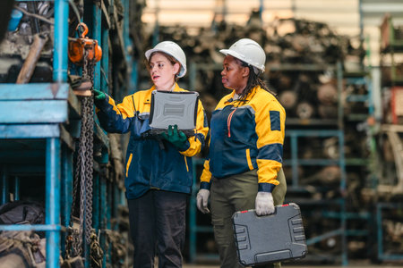 Two female technicians in safety gear inspect, assess used auto parts in factory setting using rugged laptop. Demonstrating technical expertise and teamwork in professional automotive environmentの写真素材