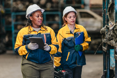 Two female technicians in safety gear inspect, assess used auto parts in factory setting using rugged laptop. Demonstrating technical expertise and teamwork in professional automotive environmentの写真素材