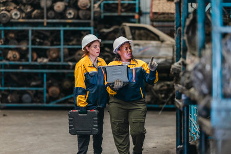Two female technicians in safety gear inspect, assess used auto parts in factory setting using rugged laptop. Demonstrating technical expertise and teamwork in professional automotive environmentの写真素材