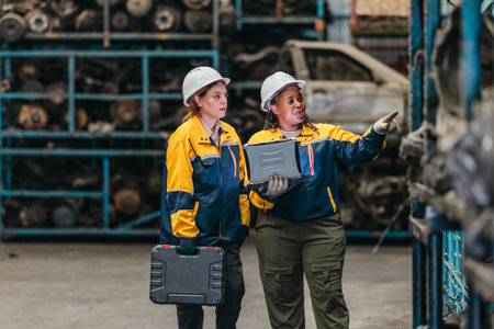 Two female technicians in safety gear inspect, assess used auto parts in factory setting using...