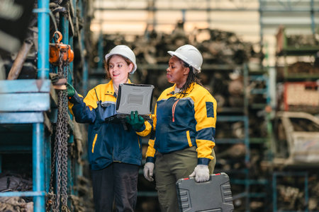 Two female technicians in safety gear inspect, assess used auto parts in factory setting using rugged laptop. Demonstrating technical expertise and teamwork in professional automotive environmentの写真素材