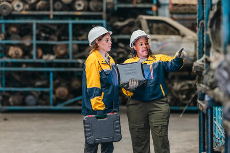 Two female technicians in safety gear inspect, assess used auto parts in factory setting using rugged laptop. Demonstrating technical expertise and teamwork in professional automotive environmentの写真素材
