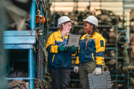 Two female technicians in safety gear inspect, assess used auto parts in factory setting using rugged laptop. Demonstrating technical expertise and teamwork in professional automotive environmentの写真素材